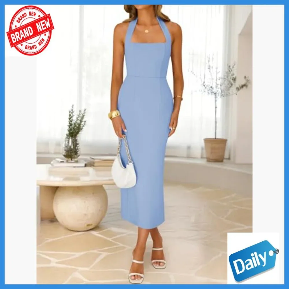 Sleeveless Halter Midi Dress Bodycon Backless Cocktail Wedding Guest - Picture 4 of 7